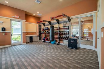 A gym with a punching bag and weights in the corner of a room